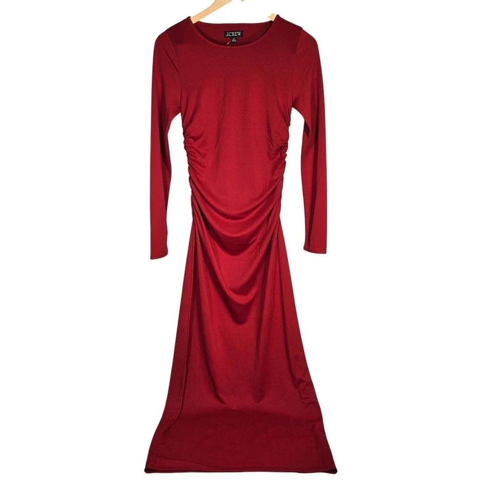 J. Crew Long-sleeve dress‎ in jersey crepe Berry Sangria XS NWT Ruched Midi